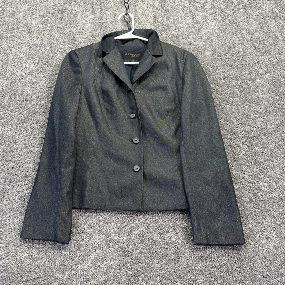 Express Blazer Womens 7/8 Black Metallic Shimmer Long Sleeve Button Up Career